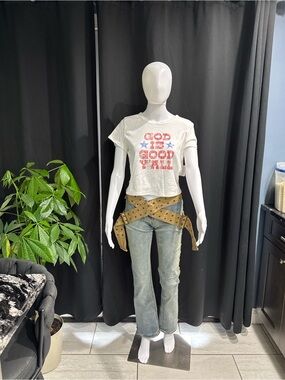 Title:  NWT Y2K Jeans w/ Attached Grommet Utility Belt + Crop Graphic Tee